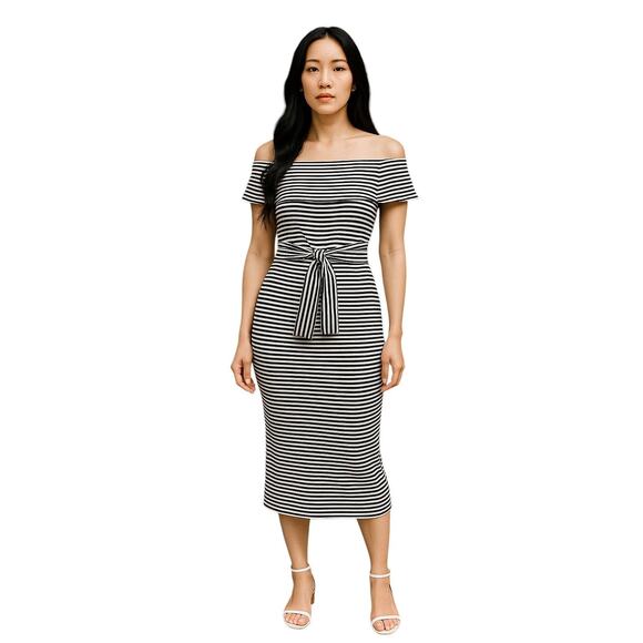 Vici Off the Shoulder Front Tie Black & White Striped Bodycon Pencil Dress M - Picture 1 of 7